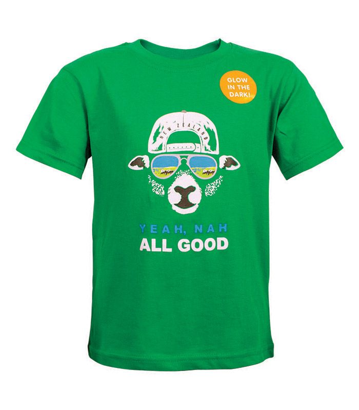 Green t-shirt with a graphic design and text on a white background Main image