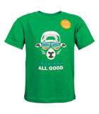 Green t-shirt with a graphic design and text on a white background