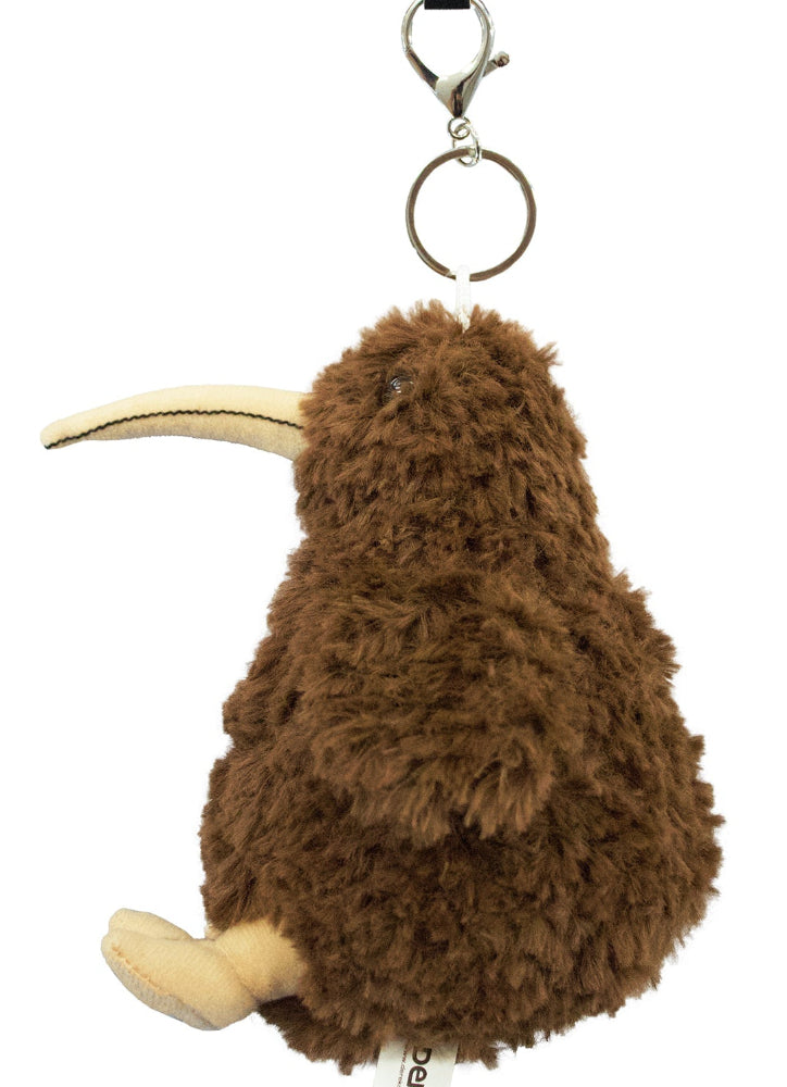 A brown plush kiwi bird keychain with a cream-colored beak and feet, attached to a silver metal split ring and clasp, shown against a plain white background.