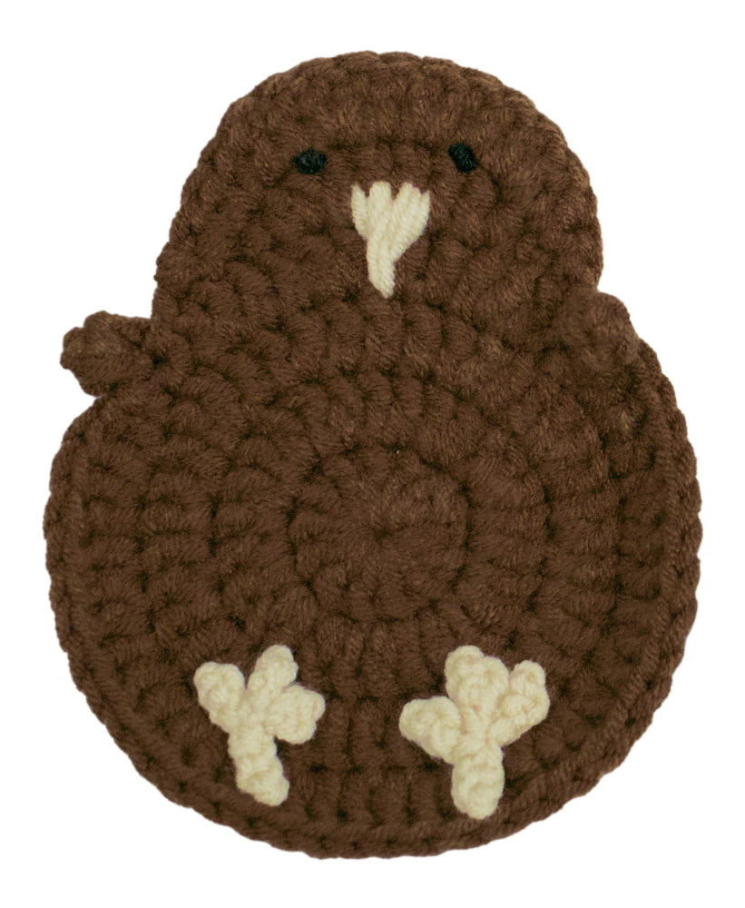A brown crocheted bird-shaped item,  coaster featuring cream-colored accents for the beak and feet, and small black bead eyes, shown on a plain white background.