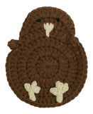 A brown crocheted bird-shaped item,  coaster featuring cream-colored accents for the beak and feet, and small black bead eyes, shown on a plain white background.