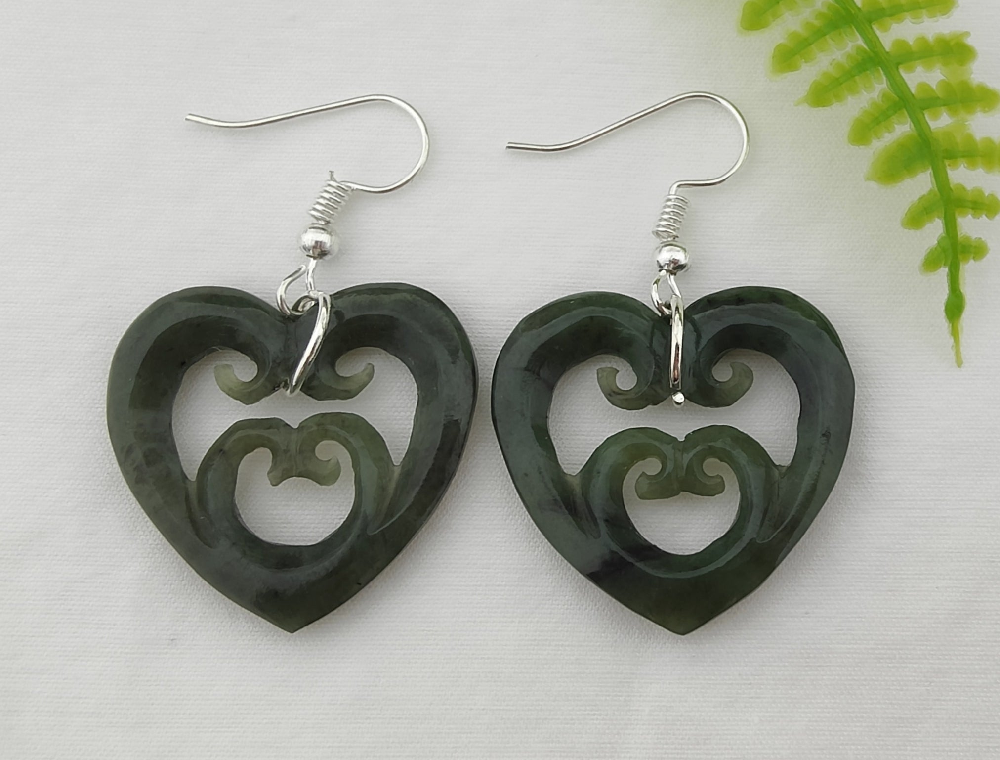 NZ Greenstone Heart Double Koru Earrings #05 Secondary image