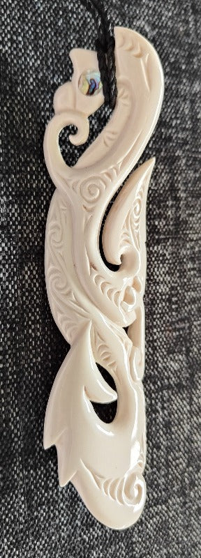 Curved Manaia Bone Carving Necklace - 165mm - Carved by Joseph, NZ - #07