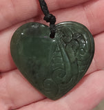 NZ Greenstone Heart With Koru Carving Pendant 30mm #30N