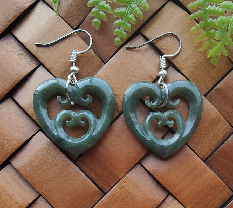 NZ Greenstone Heart Double Koru Earrings #05 Main image
