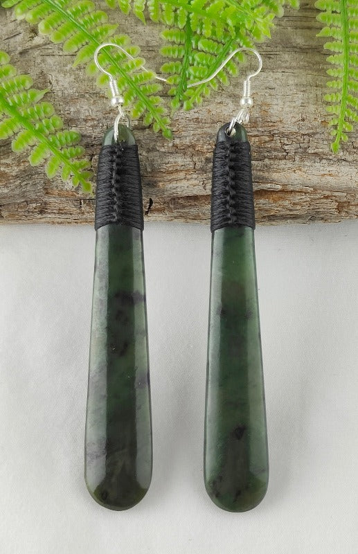 NZ Greenstone Drop Koru Earrings 71mm #67 Secondary image