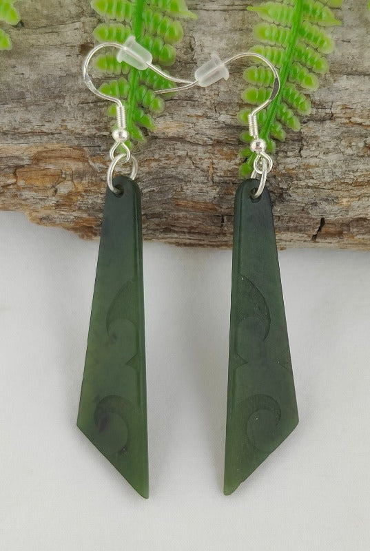 NZ Greenstone Earrings Koru Design - 53mm - Rueben Tipene #61E1 Main image