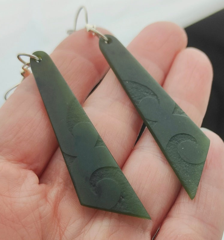 NZ Greenstone Earrings Koru Design - 53mm - Rueben Tipene #61E1 Secondary image