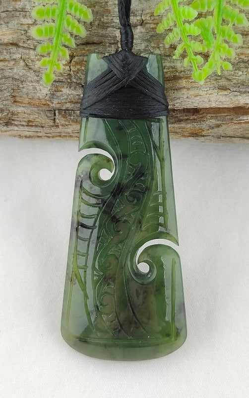 NZ Greenstone Toki Double Koru With Engraving 60mm #76* Main image