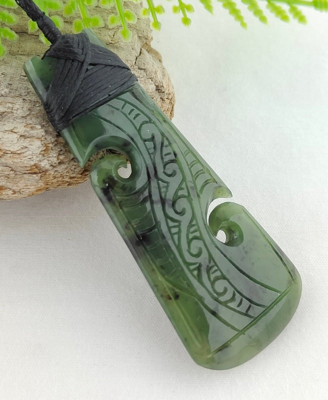 NZ Greenstone Toki Double Koru With Engraving 60mm #76*