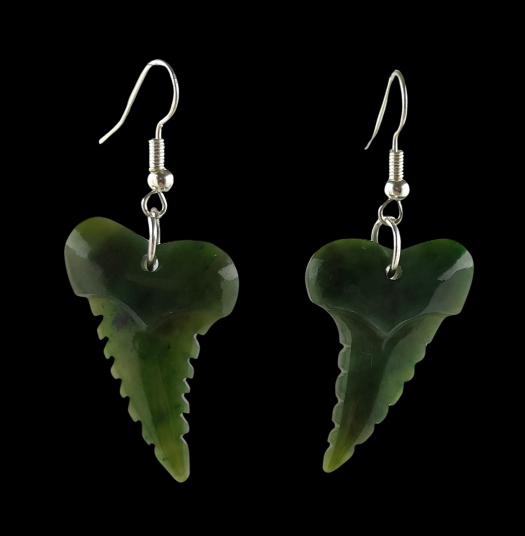NZ Greenstone Shark Tooth Earrings 33mm #80 Secondary image