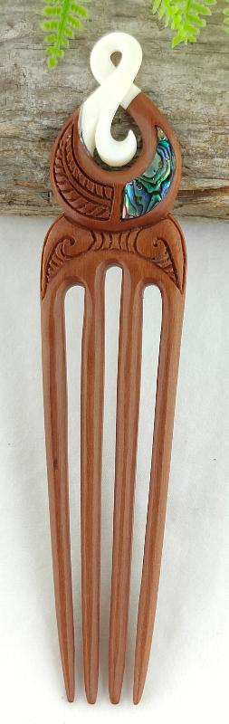 Heru Wood, Bone And Paua Twist Carving - Comb Hair Piece - VA01 Main image