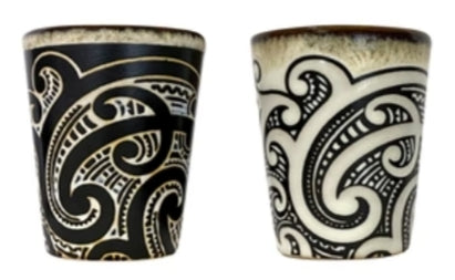 2 Pack Maori Tattoo Ceramic Shot Glass Set - Black And White