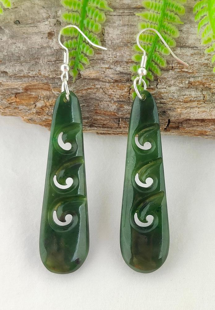NZ Greenstone Drop 3 Koru Earrings 62mm #EK3 Main image