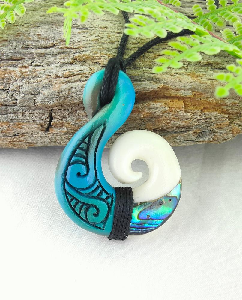 Hand Painted Hook Koru Bone Carving Necklace #C01 Main image