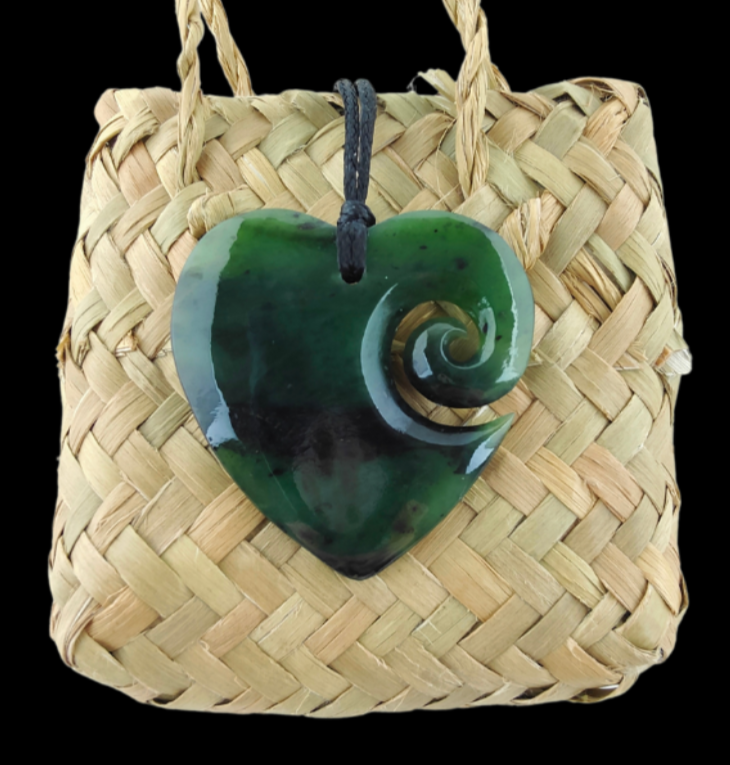 NZ Greenstone Heart With Koru - 41mm #17