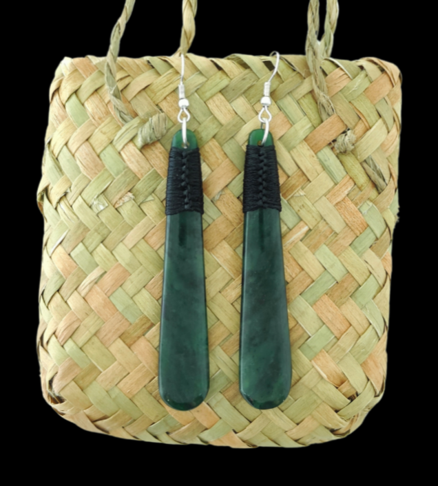 NZ Greenstone Drop Koru Earrings 71mm #67 Main image