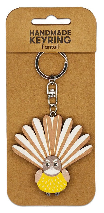 Handmade keyring with a bird design on a brown card