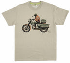 Beige t-shirt with a graphic of a KIWI on a motorcycle and luggage.