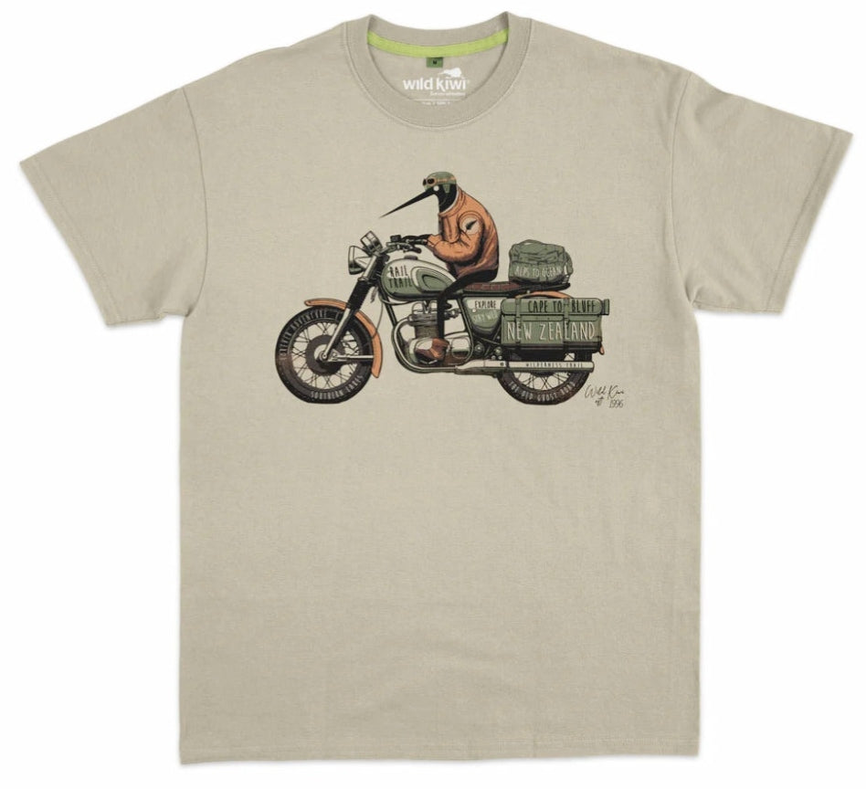 Beige t-shirt with a graphic of a KIWI on a motorcycle and luggage.