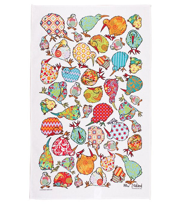 Colorful tea towel with patterned kiwi birds on a white background Main image