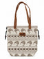 A tote bag with a cream canvas body featuring a brown kiwi bird and geometric tribal pattern, brown faux-leather handles, and a brown leather patch with the 'wild kiwi' logo.