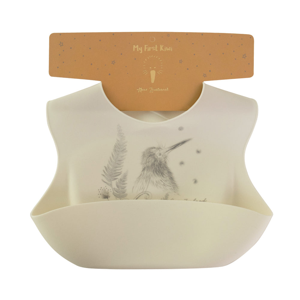 Baby bib with kiwi bird design on a hanger with 'My First Year' text Main image