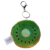 A plush kiwi-shaped keychain or bag charm with a silver lobster clasp and metal ring, featuring green fuzzy fabric, a pale green center, dark brown seed details, and a small white product tag on a white background.