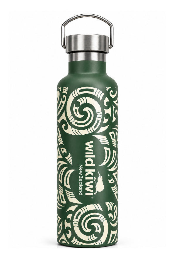 A dark green insulated water bottle with a white Polynesian tribal pattern and the text 'Wild Kiwi New Zealand' printed on the front, featuring a stainless steel loop cap on a white background. Main image