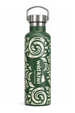 A dark green insulated water bottle with a white Polynesian tribal pattern and the text 'Wild Kiwi New Zealand' printed on the front, featuring a stainless steel loop cap on a white background.