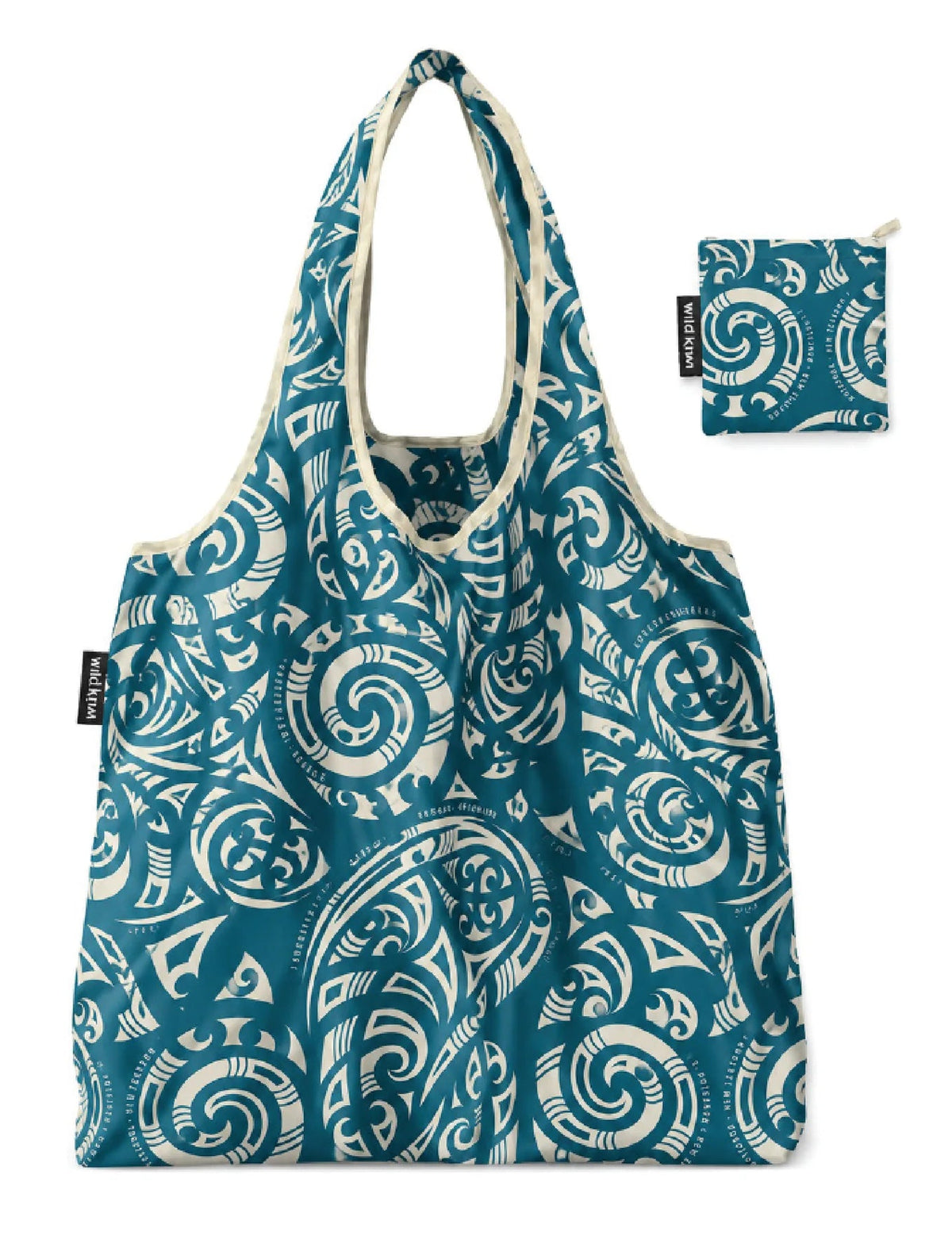 A reusable tote bag with a teal and cream maori tribal swirl pattern, shown alongside its matching carrying pouch on a solid white background.