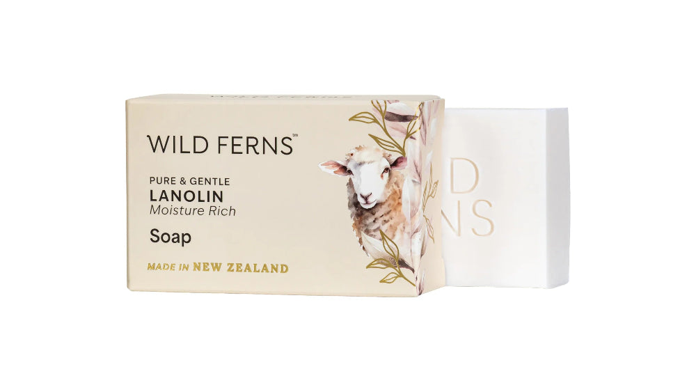 Wild Ferns lanolin soap packaging on a white background