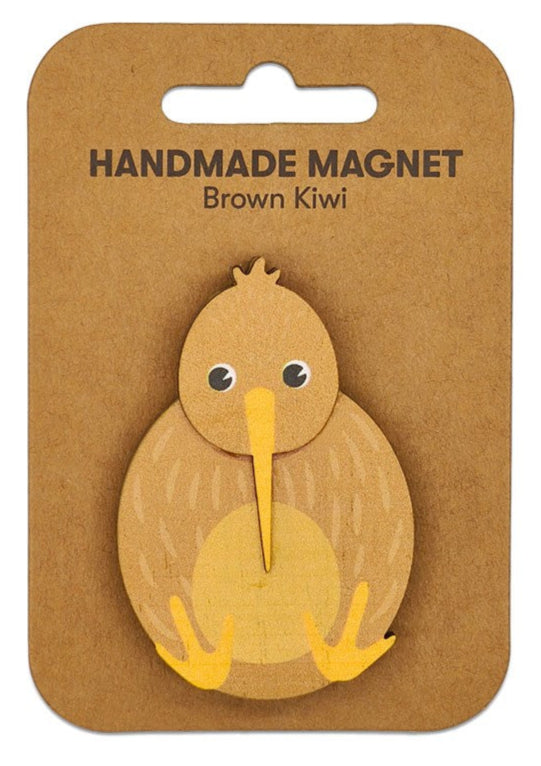 Handmade magnet shaped like a brown kiwi on a brown backing card with 'Handmade Magnet Brown Kiwi' text.