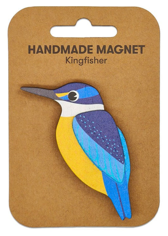 Handmade magnet shaped like a kingfisher on a brown backing card with 'Handmade Magnet' text.