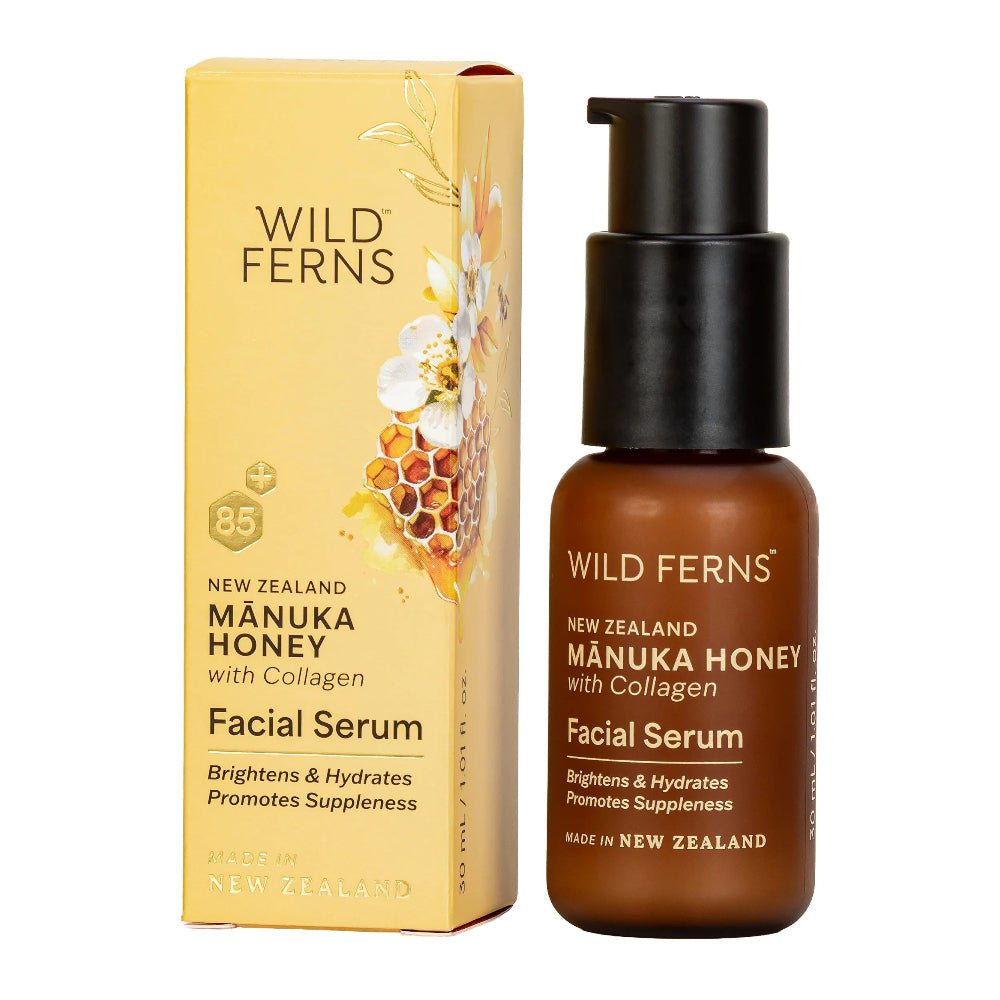 Wild Ferns Manuka Honey Facial Serum with packaging on a white background