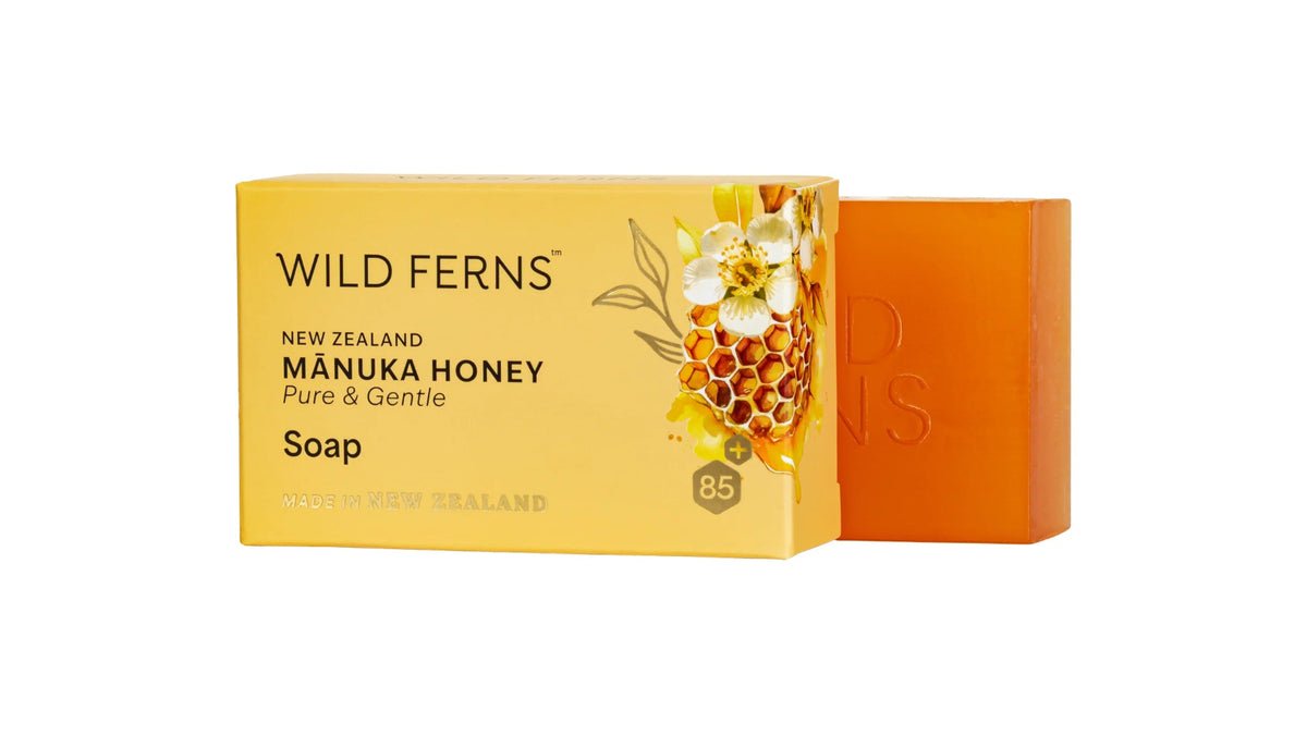 Wild Ferns Manuka Honey soap bar with packaging on a white background Main image