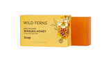 Wild Ferns Manuka Honey soap bar with packaging on a white background