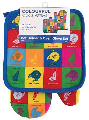 Pop Art Kiwi And Fern Pot Holder and Oven Glove Set