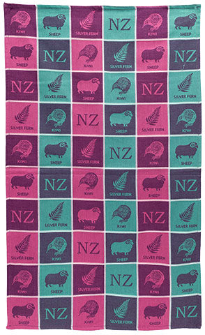 Jacquard Woven 4 Icons Tea Towel - Green And Purple