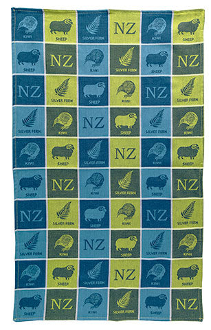 Jacquard Woven 4 Icons Tea Towel - Blue And Lime