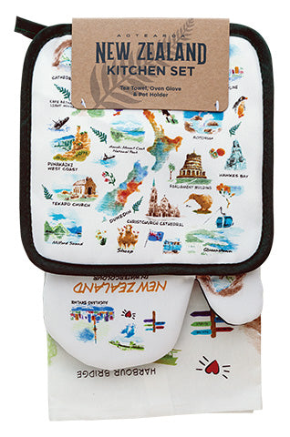 Oven Glove and Tea Towel Set - NZ Watercolour Main image