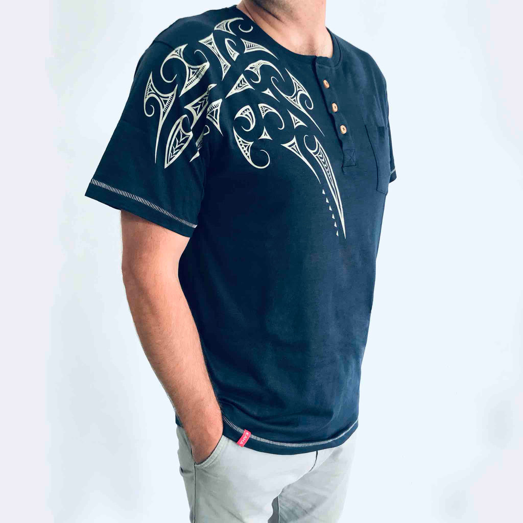 Men's Maori T Shirt With Buttons - Kia Kaha