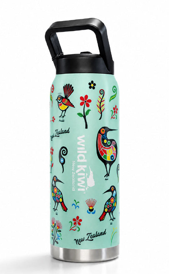 A tall insulated water bottle with a black handle and lid, featuring a light mint green New Zealand-themed print with colorful birds, flowers, and the words 'Wild Kiwi' and 'New Zealand'. Main image
