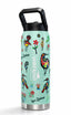 A tall insulated water bottle with a black handle and lid, featuring a light mint green New Zealand-themed print with colorful birds, flowers, and the words 'Wild Kiwi' and 'New Zealand'.