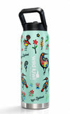 A tall insulated water bottle with a black handle and lid, featuring a light mint green New Zealand-themed print with colorful birds, flowers, and the words 'Wild Kiwi' and 'New Zealand'.