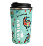 A mint green New Zealand travel tumbler with a black lid, decorated with colorful wild kiwi birds, flowers, and the text 'Wild Kiwi New Zealand'.