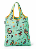 A reusable tote bag with a light mint green background featuring a colorful New Zealand bird and floral pattern, with yellow-orange handles and trim, shown on a white background.