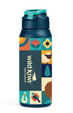 A dark teal insulated water bottle with a matching teal flip-top lid, featuring a colorful New Zealand-themed graphic label with illustrations of a kiwi bird, sheep, fern, and other local motifs. The brand 'Wild Kiwi New Zealand' is printed vertically on the front.