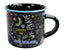 A black enamel mug with a light blue rim, decorated with colorful hand-drawn doodles and the words 'NEW ZEALAND' in blue. The mug is photographed on a clean white background.