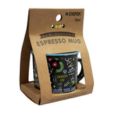 A New Zealand Espresso Mug in its original brown cardboard gift packaging, featuring a black mug with colorful New Zealand-themed illustrations.